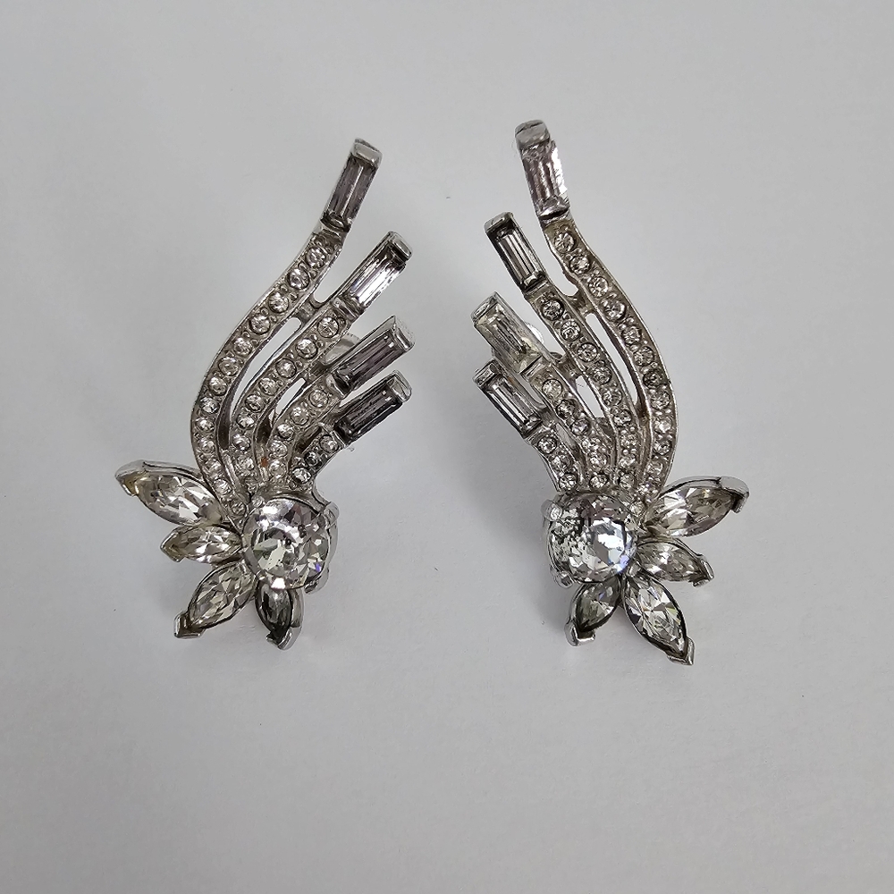 Vintage 1950s Rhodium Plated Rhinestone "Wing" Ear Climbers